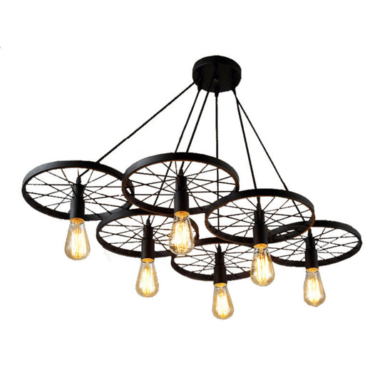 Industrial Black Metal Wagon Wheel Pendant Lamp For Restaurants