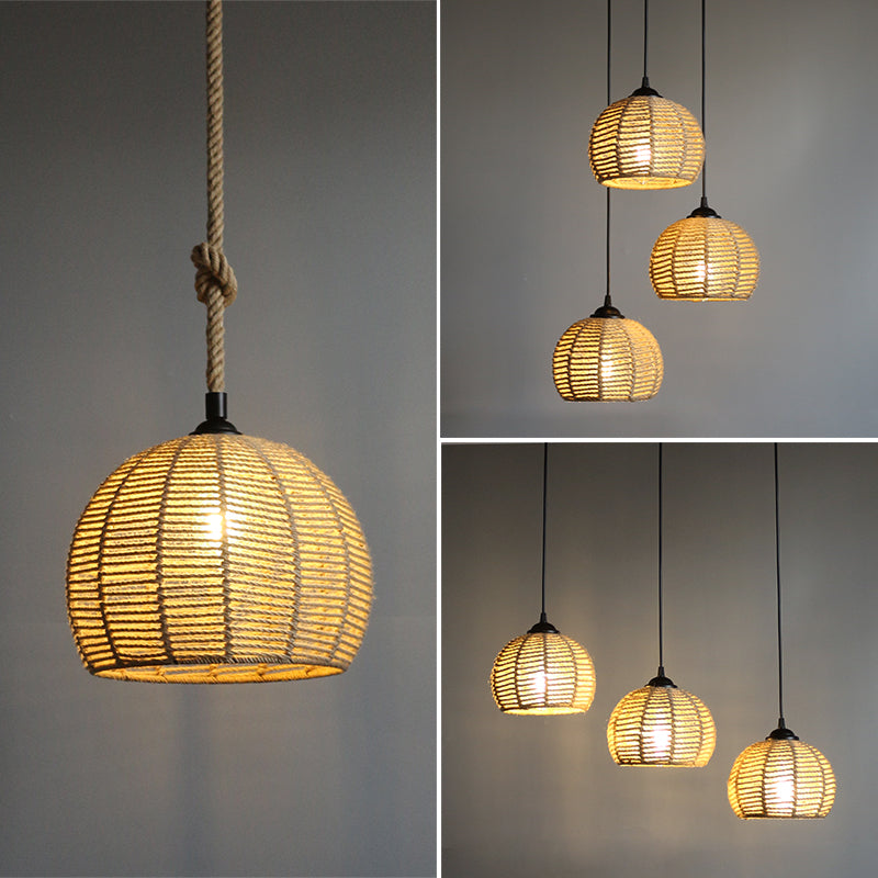 Hemispherical Farmhouse Hanging Lamp - 1-Light Hemp Rope Pendant Light for Dining Room