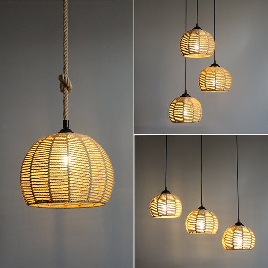 Hemispherical Farmhouse Hanging Lamp - 1-Light Hemp Rope Pendant Light for Dining Room