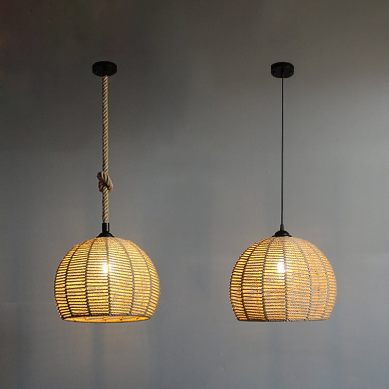 Hemispherical Farmhouse Hanging Lamp - 1-Light Hemp Rope Pendant Light for Dining Room