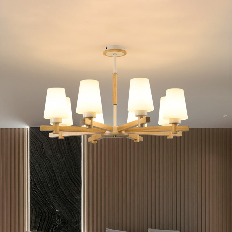 Modern Wood Chandelier: Milk Glass Tapered Suspension Light For Living Room