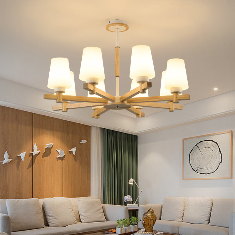 Modern Milk Glass Chandelier with Wood Suspension for Living Room Lighting