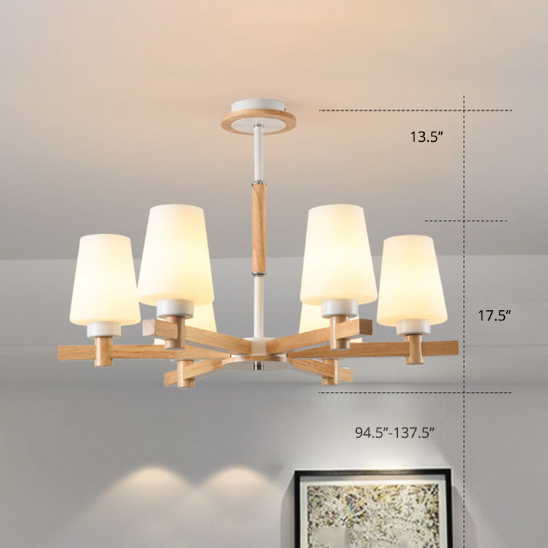 Modern Milk Glass Chandelier with Wood Suspension for Living Room Lighting