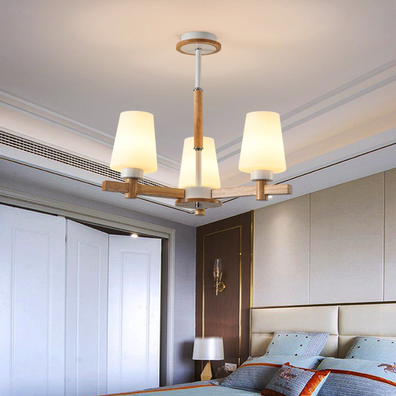 Modern Wood Chandelier: Milk Glass Tapered Suspension Light For Living Room 3 /