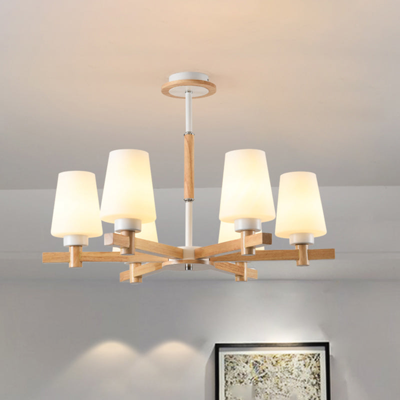 Modern Milk Glass Chandelier with Wood Suspension for Living Room Lighting