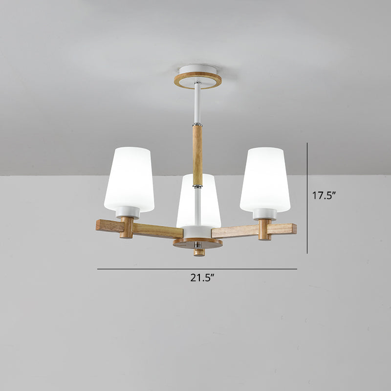 Modern Wood Chandelier: Milk Glass Tapered Suspension Light For Living Room