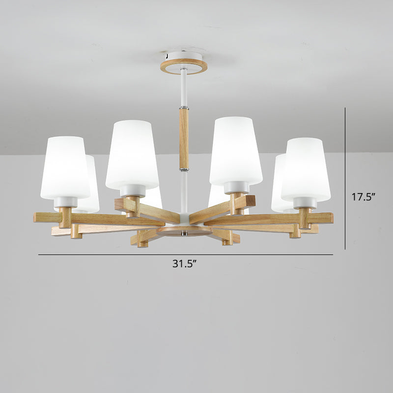 Modern Wood Chandelier: Milk Glass Tapered Suspension Light For Living Room