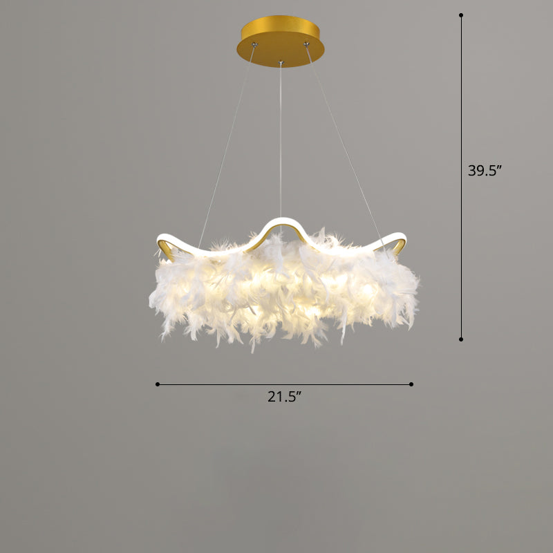 Wavy Metal Nordic White-Gold Led Chandelier With Feather Deco - Elegant Suspension Lighting