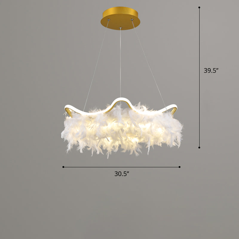 Wavy Metal Nordic White-Gold Led Chandelier With Feather Deco - Elegant Suspension Lighting