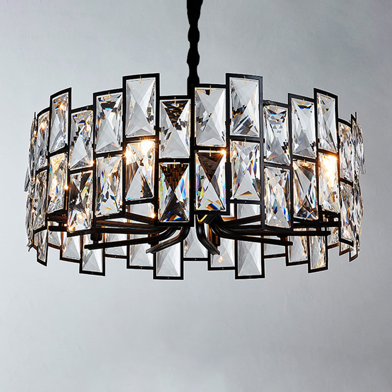 Modern Black Drum Crystal Pendant Light For Living Room - 6-Light Chandelier