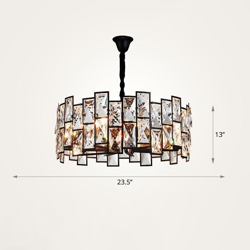 Modern Black Drum Crystal Pendant Light For Living Room - 6-Light Chandelier