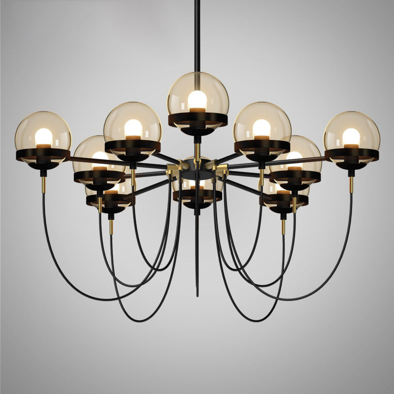 Country-Style Cognac Glass Pendant Light with Swoop Arm - Ball Chandelier