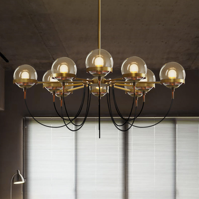 Country-Style Cognac Glass Pendant Light with Swoop Arm - Ball Chandelier