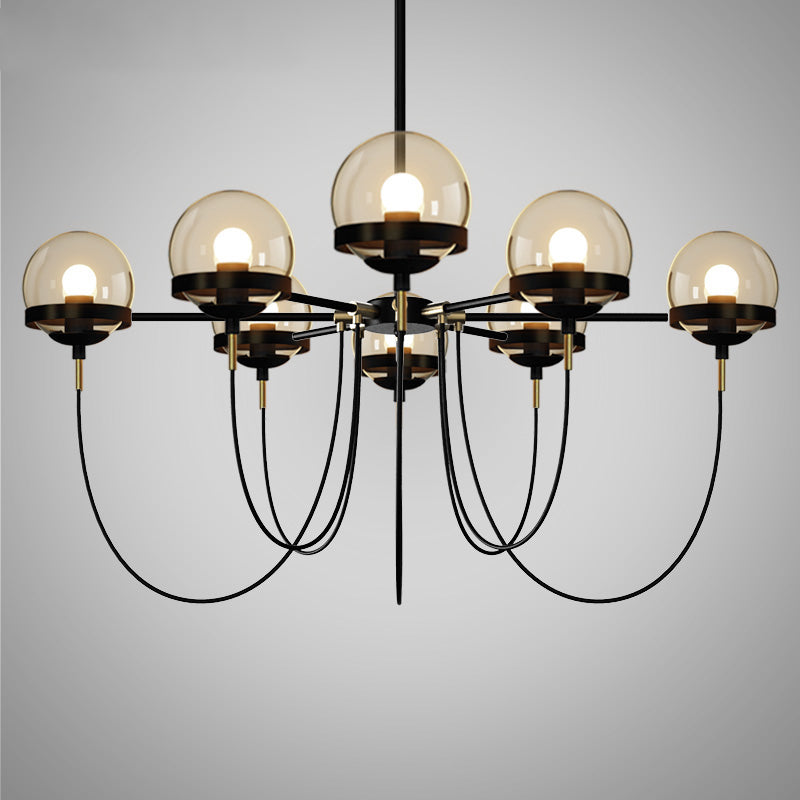 Country-Style Cognac Glass Pendant Light with Swoop Arm - Ball Chandelier