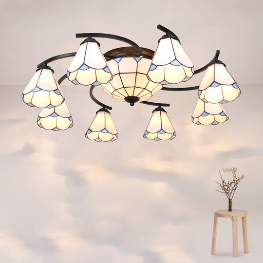 Mediterranean Glass Semi Flush Mount Light With Scalloped Edge Close To Ceiling Fixture 11 / Black