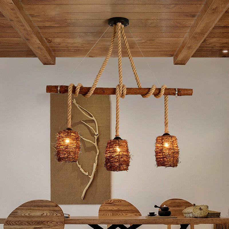 Rustic Rattan Woven Island Pendant 3-Bulb Dining Room Hanging Light Fixture In Wood