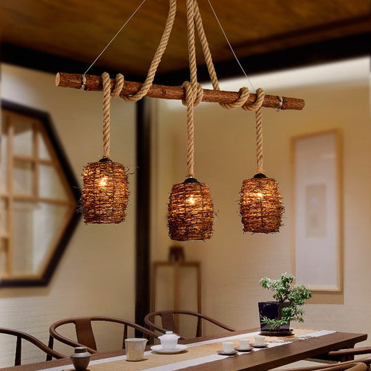 Rustic Rattan Woven Island Pendant 3-Bulb Dining Room Hanging Light Fixture In Wood