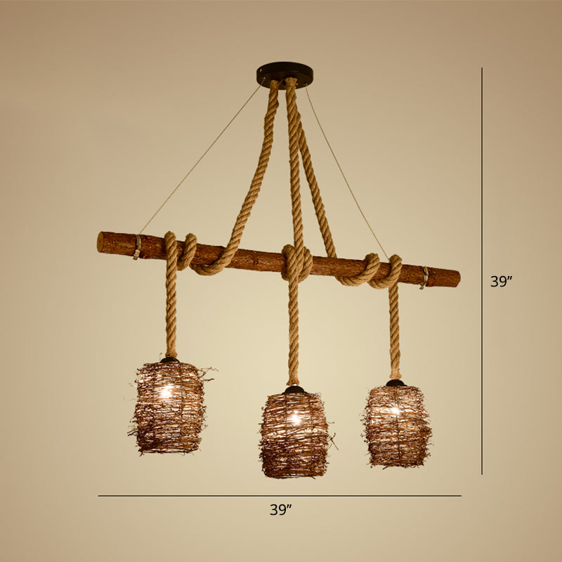 Rustic Rattan Woven Island Pendant 3-Bulb Dining Room Hanging Light Fixture In Wood