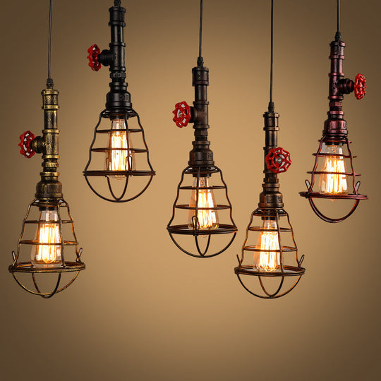 Industrial Metal Cage Pendant Light With Red Valve Accent - Single Bulb Suspension Fixture