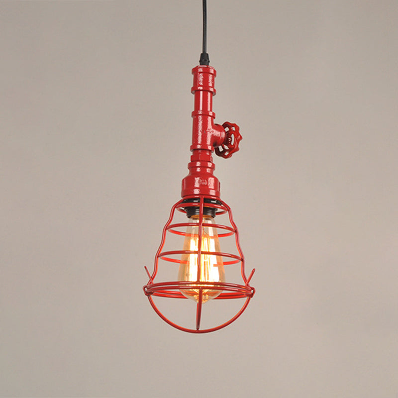 Industrial Metal Cage Pendant Light With Red Valve Accent - Single Bulb Suspension Fixture