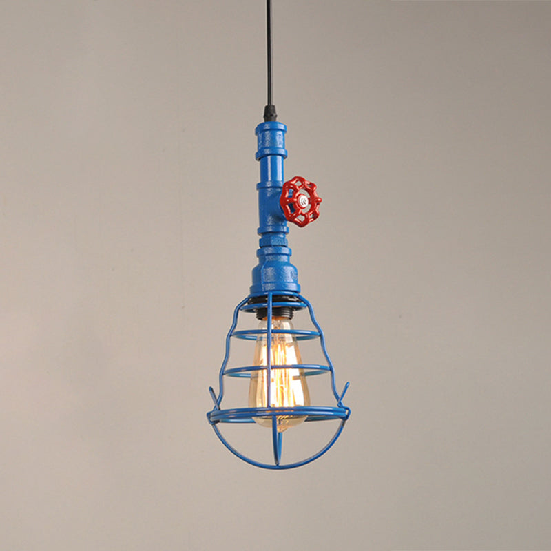 Metal Cage Pendant Light with Red Valve Deco – Industrial Single Bulb Suspension Fixture