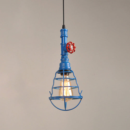 Metal Cage Pendant Light with Red Valve Deco – Industrial Single Bulb Suspension Fixture