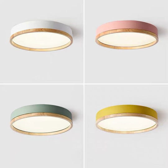 Metal Flush Mount Led Ceiling Lamp With Wooden Rim - Elegant Round Design