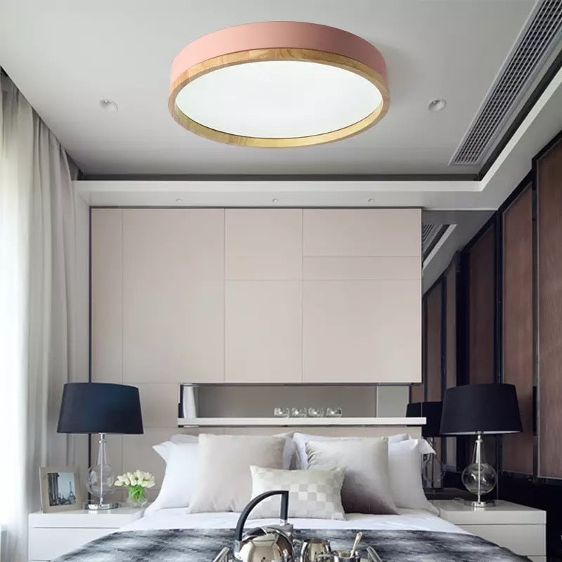 Metal Flush Mount Led Ceiling Lamp With Wooden Rim - Elegant Round Design