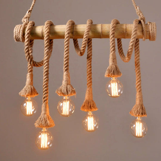 Rustic Bare Bulb Pendant Light With Bamboo Pole And Rope Suspension 6 / Wood