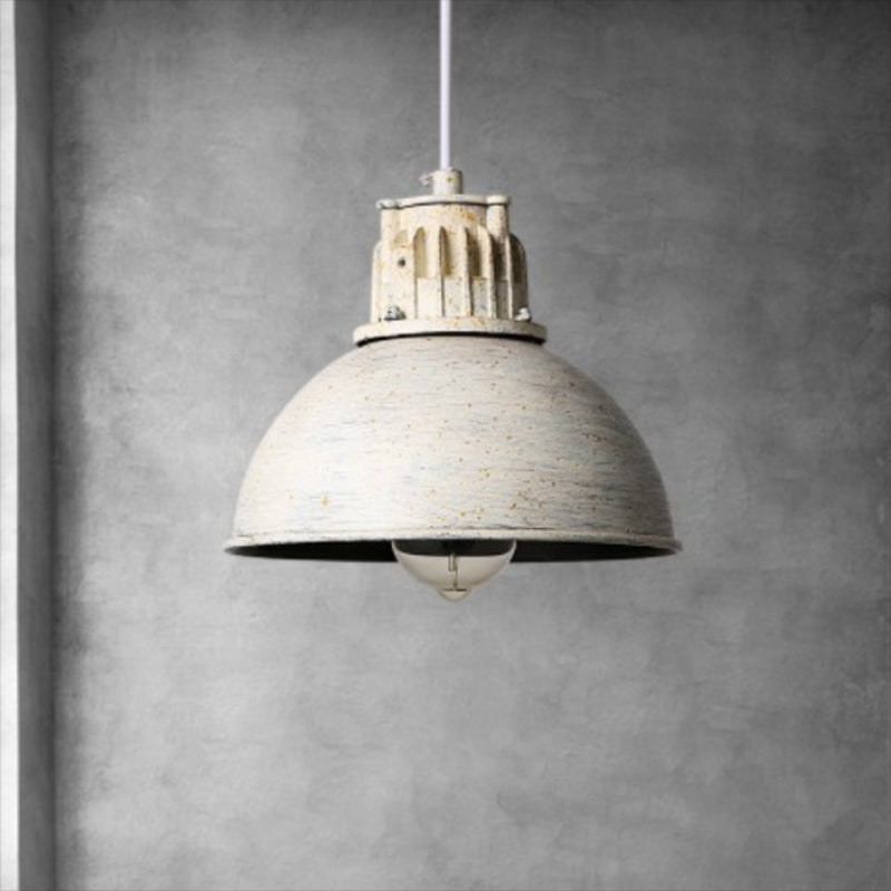 Distressed White Dome Pendant Light - Loft Style Metal 1-Light Pendulum