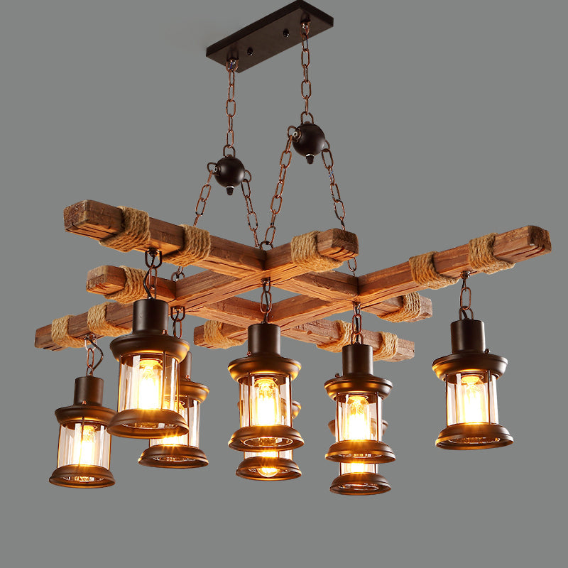 Nautical Pub Chandelier - 8 Light Suspension Lighting With Clear Glass Lantern Shades In Wood