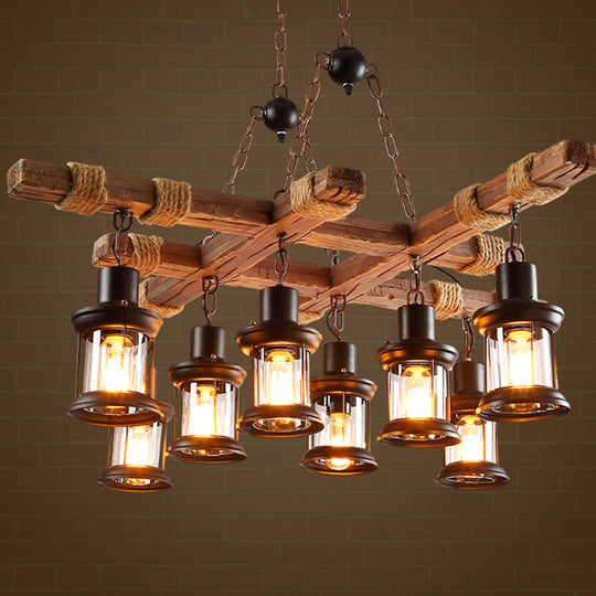 Nautical Pub Chandelier - 8 Light Suspension Lighting With Clear Glass Lantern Shades In Wood