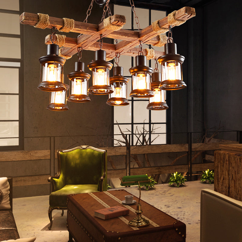 Nautical Pub Chandelier - 8 Light Suspension Lighting With Clear Glass Lantern Shades In Wood