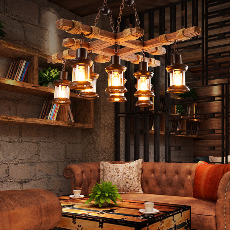 Nautical Pub Chandelier - 8 Light Suspension Lighting With Clear Glass Lantern Shades In Wood