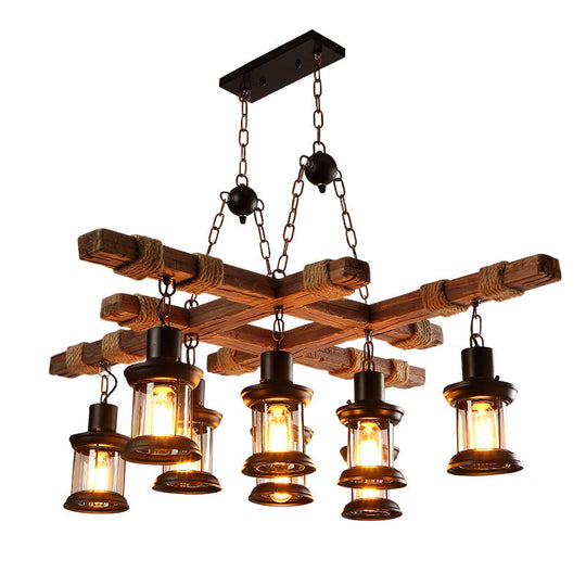 Nautical Pub Chandelier - 8 Light Suspension Lighting With Clear Glass Lantern Shades In Wood