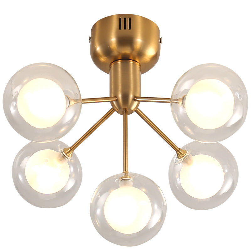 Minimalistic 5-Head Clear and Frosted Glass Molecule Ceiling Fixture for Corridor Lighting