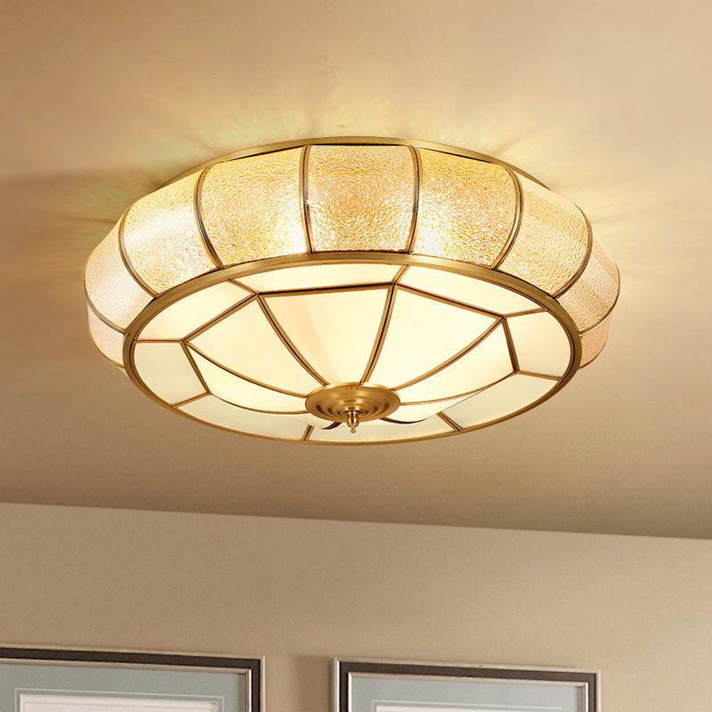 Gold Round Textured Glass Flush Ceiling Light for Traditional Bedroom – Elegant Flushmount Lighting