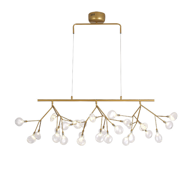 27-Bulb Island Light Brass Finish Hanging Lamp With Glass Shade - Minimalist Branch Design