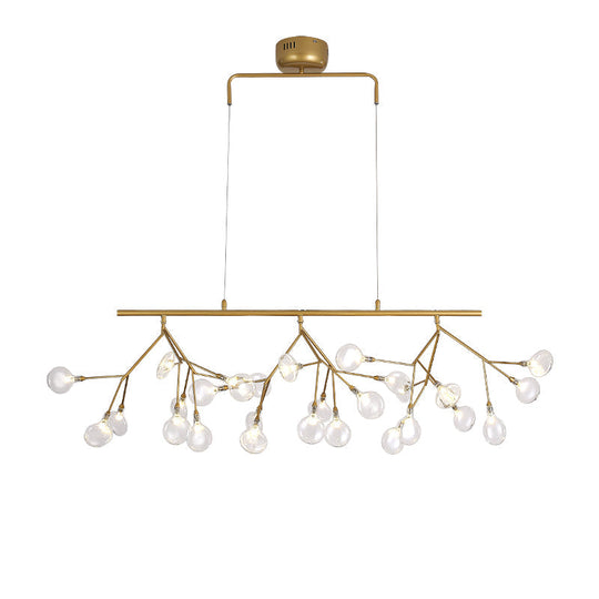 27-Bulb Island Light Brass Finish Hanging Lamp With Glass Shade - Minimalist Branch Design