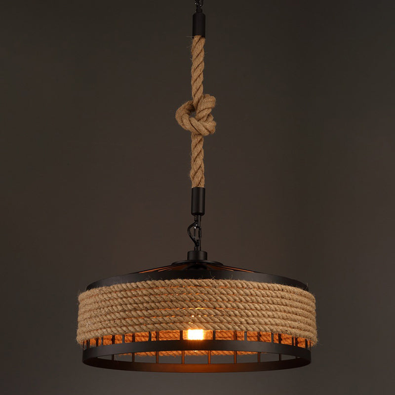 Rustic Hand-Twisted Rope Pendant Light in Black-Brown Finish - 1 Bulb for Restaurants