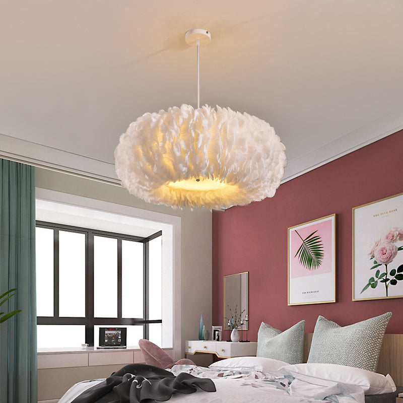 White Feather Donut Pendant Lamp for Bedroom Ceiling