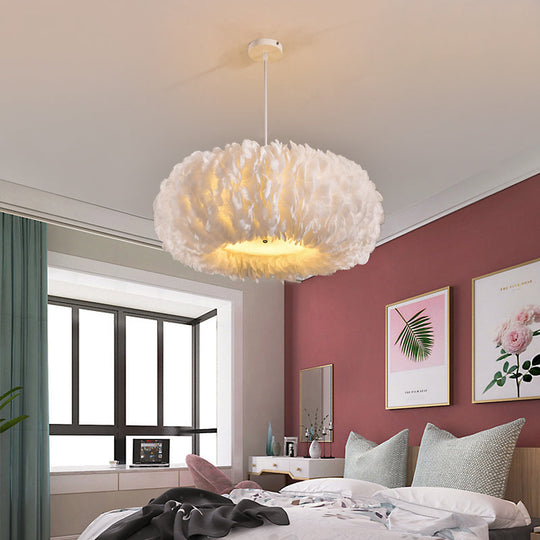 White Donut Pendant Feather Bedroom Ceiling Chandelier - Simple Stylish Lamp