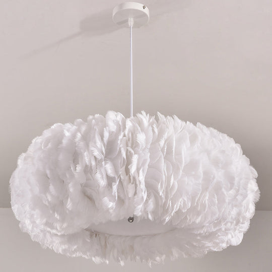 White Donut Pendant Feather Bedroom Ceiling Chandelier - Simple Stylish Lamp / 15.5