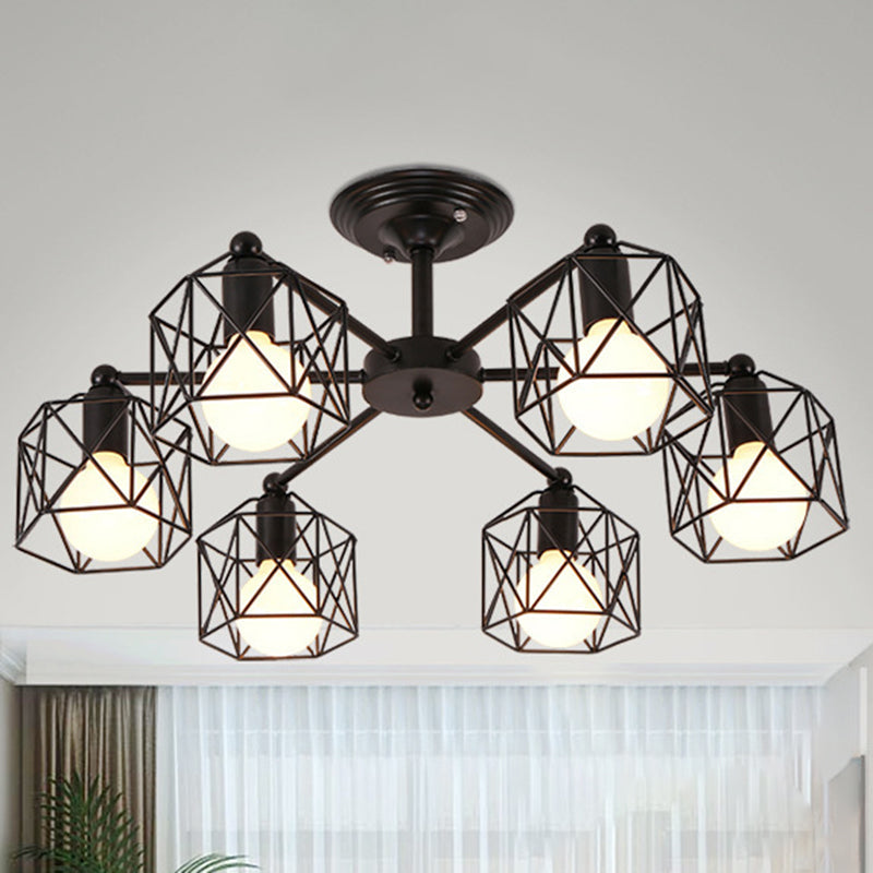 Black Metal Hexagon Cage Ceiling Light - Vintage Chandelier for Living Room