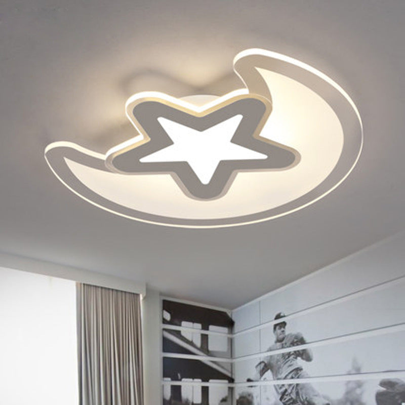 Crescent And Star Led Cartoon Ceiling Light For Childrens Room In White