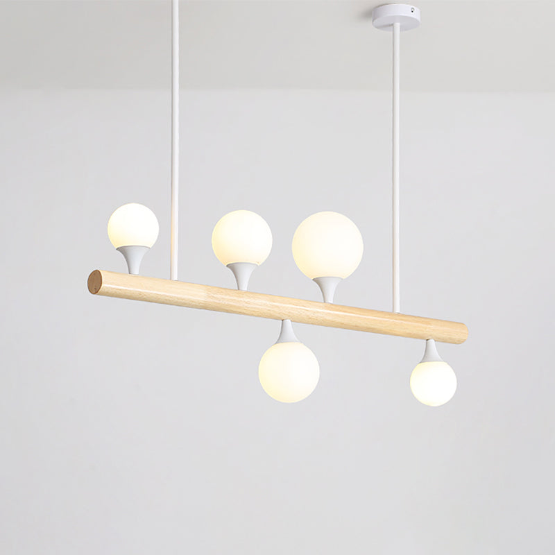 Minimalist Wood Island Pendant Light With Opal Glass Balls - Perfect For Restaurants 5 /