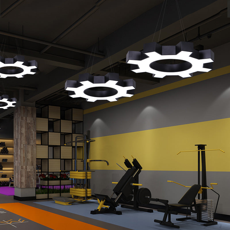 Modern LED Gear Shaped Gym Pendant Lighting: Metallic & Stylish Hanging Light Fixture