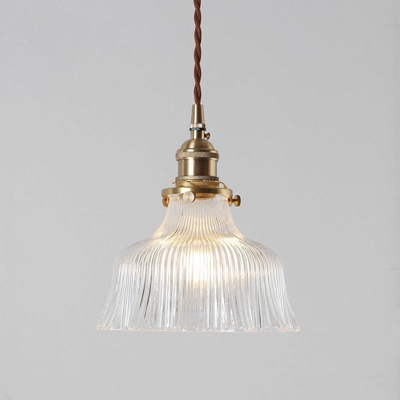 Nautical Brass Pendant Lamp - Clear Glass, Pleated Design, 1-Light Ceiling Fixture for Restaurants