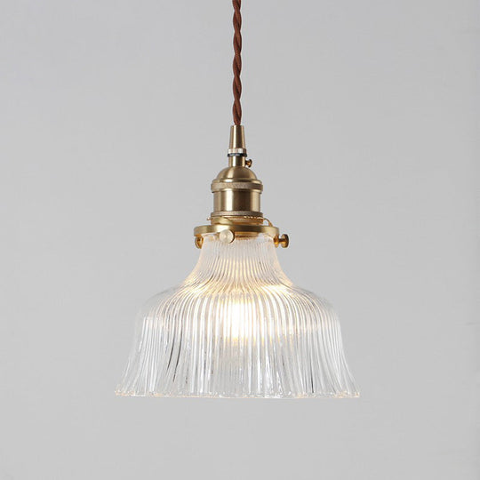 Nautical Brass Pendant Lamp - Clear Glass, Pleated Design, 1-Light Ceiling Fixture for Restaurants