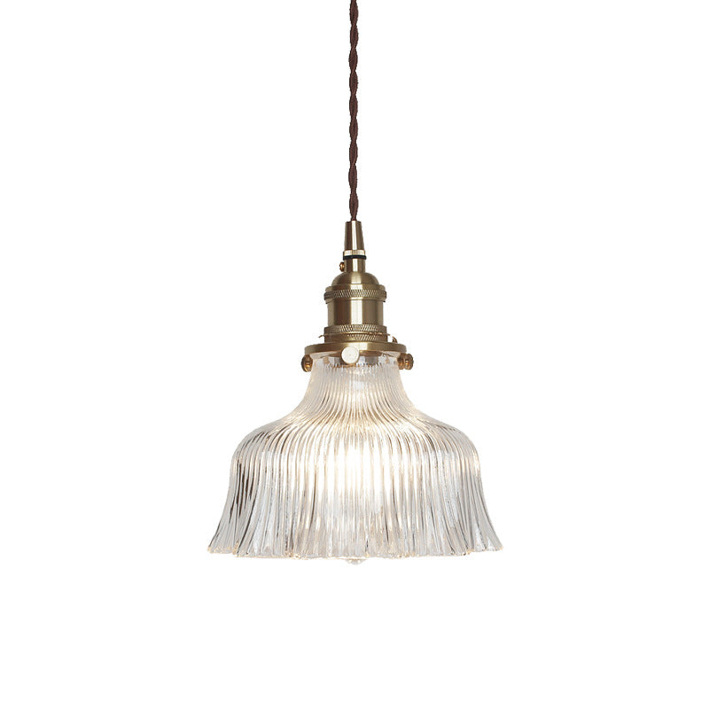 Nautical Brass Pendant Lamp - Clear Glass, Pleated Design, 1-Light Ceiling Fixture for Restaurants